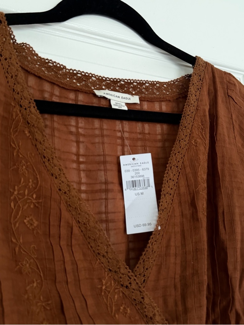 American Eagle brown lace dress with bell sleeves and floral embroidery. - Picture 3 of 5
